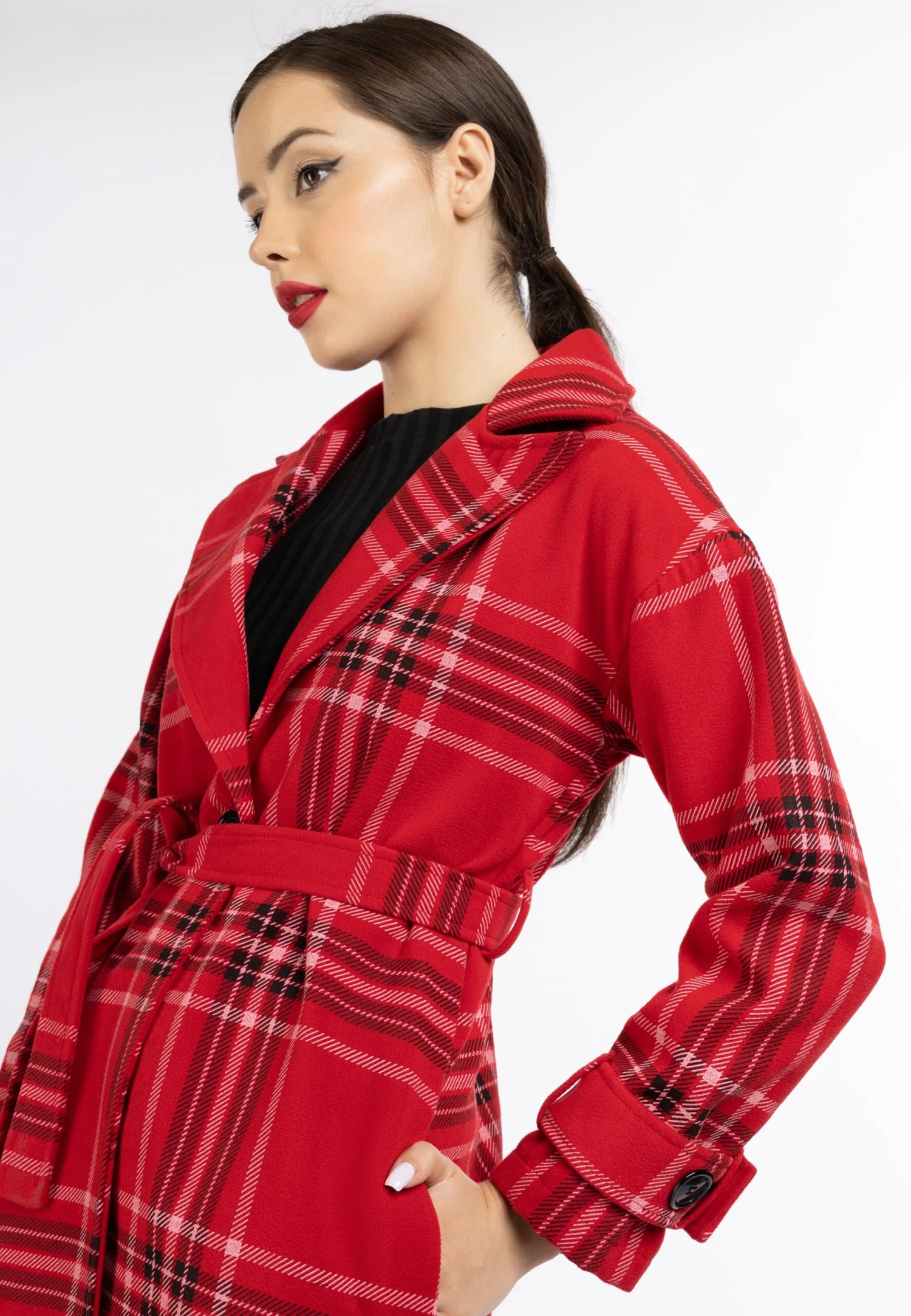 Faina Tassia - Trenchcoat - Rot Karriert 4 Faina Tassia - Trenchcoat - Rot Karriert - Afbeelding 4